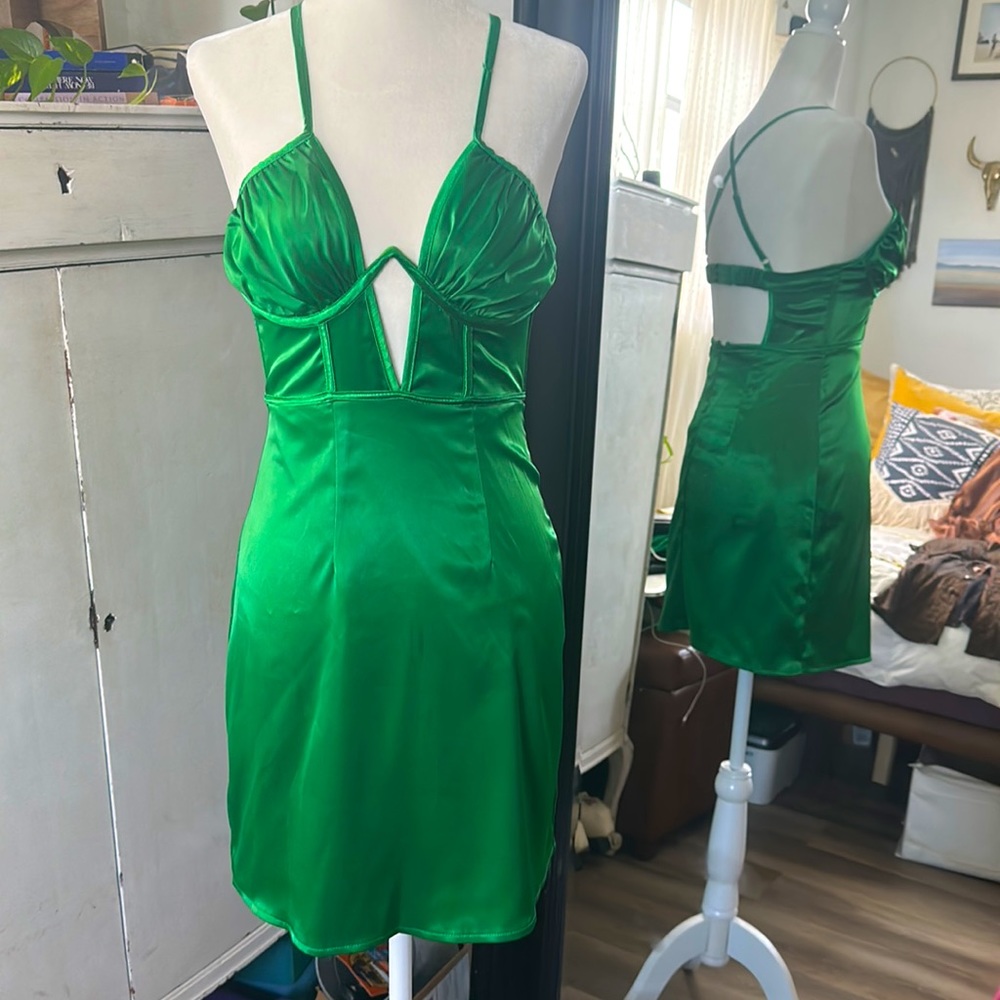 Green Satin Cutout Dress